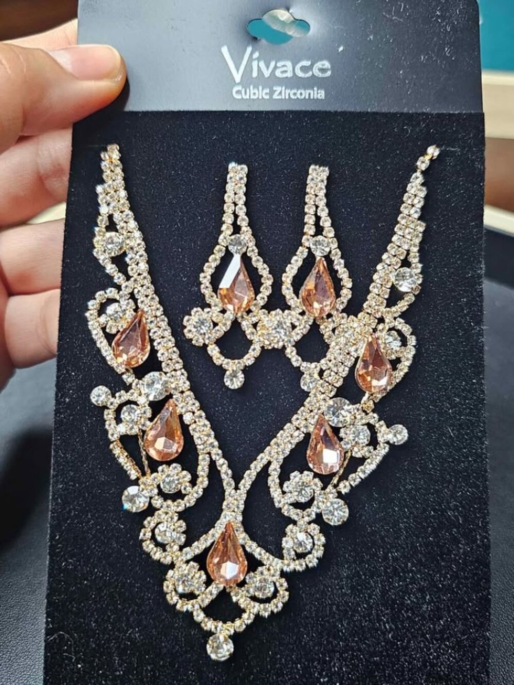 Vintage Style CZ Necklace Earrings Set Amber-Color - Picture 2 of 6